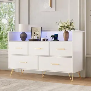 Garvee Modern 5 Drawer Dresser with LED Lights and Built-in Charging Station, Compact Wooden Chest of Drawers for Bedroom, Living Room, Closet, Nursery, or Hallway Storage in White, Pink, or Black