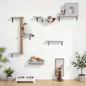 DOMIPET 5 in 1 Wall Furniture, Cat Wall Shelves Perches Set, Sleeping Playing Lounging Climbing Wall-mounted Cat Tree House for Multiple Cats, with Scratching Post, Tunnel, Bridge, Tree, Steps, Scratcher Board & Hammock, Indoor Cat Shelves for Luxury,DFYD