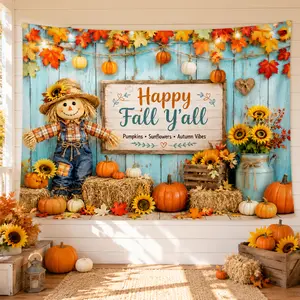 Fall Tapestry Wall Hanging, Hello Fall Pumpkin Sunflower Farmhouse Wall Decor, Autumn Harvest Fabric Backdrop for Living Room Bedroom Porch Party Decoration
