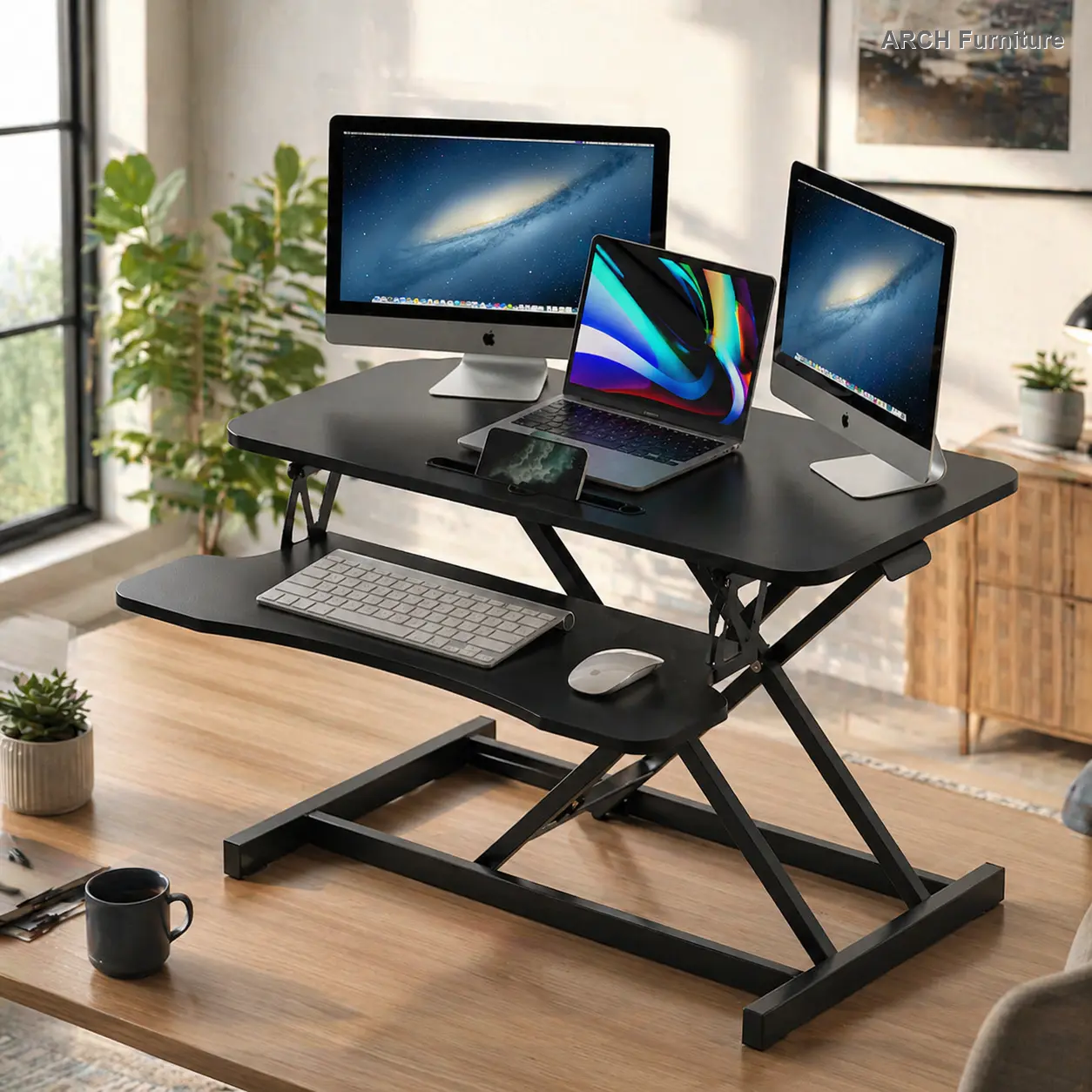 32-Inch Sit-Stand Height-Adjustable Desk Converter, 31.5x15.7in Wide Surface Metal Frame Computer Stand, Heavy-Duty Furniture-Style Body-Friendly Computer Workstation with Wide Keyboard Tray (Black), Heavy-Duty Computer Workstations