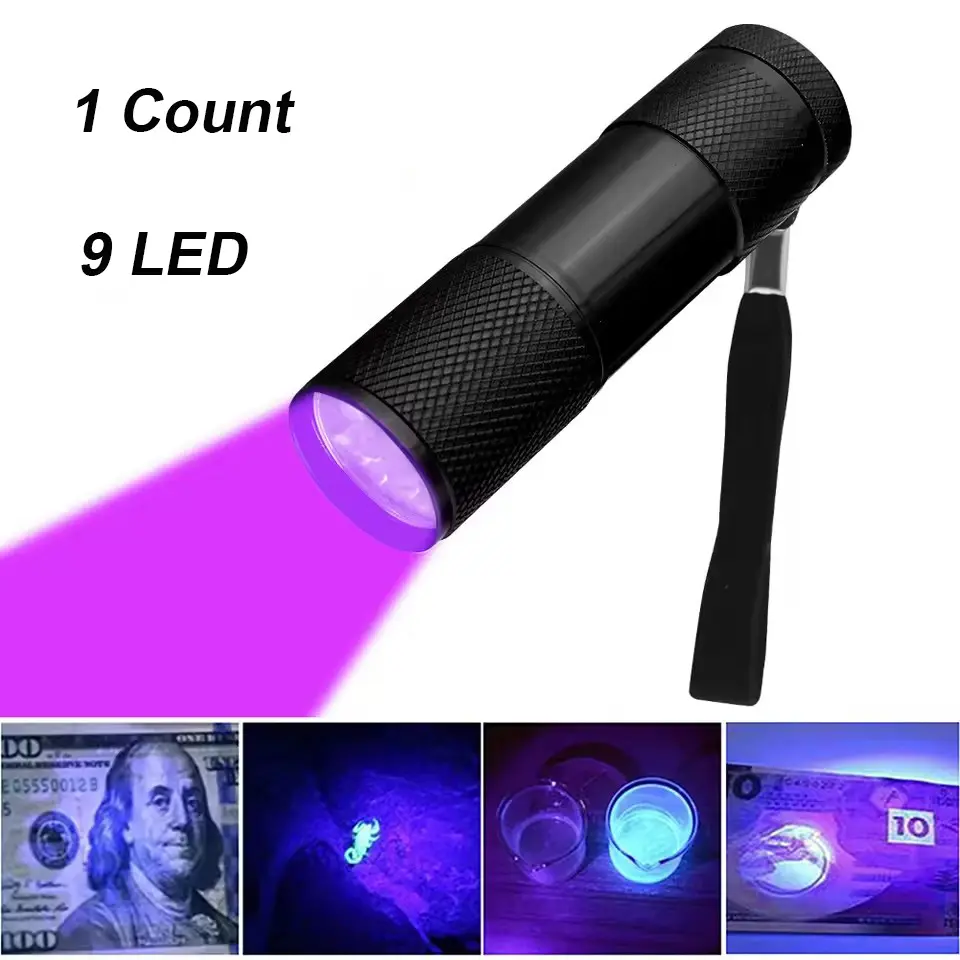 Portable 9 LED UV Flashlight Detector, Waterproof Aluminum Alloy UV Torch, Dog Urine Pet Stain Bug UV Light Tools (no Battery Included)