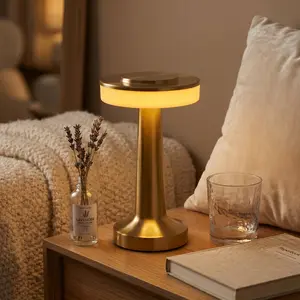Aesthetic Modern Gold Cordless Table Lamp, 2-Piece Set Option, Touch Sensor 3-Color Dimmable, Rechargeable Battery, Stepless Brightness Adjustment, Portable LED Light for Bedroom, Camping, Ideal Housewarming Gift Fabric