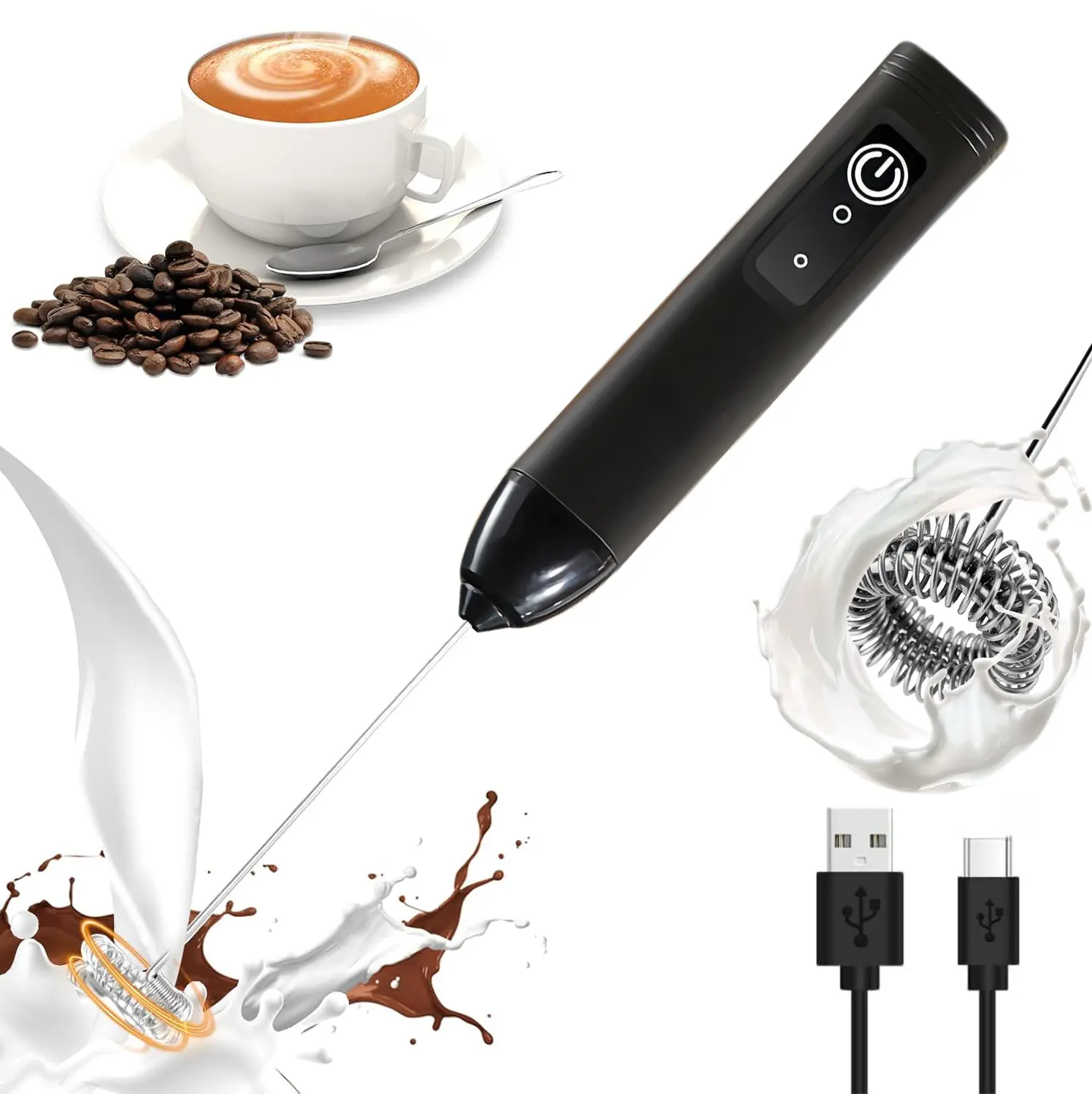 304 Stainless Steel Handheld Coffee Milk Frother with Handle - Compact, USB-C Charging Dual-Use Portable Mixer, High-Speed Motor Electric Whisk for Home/Office Coffee, Creamy Froth in Just Seconds, Usb Charging