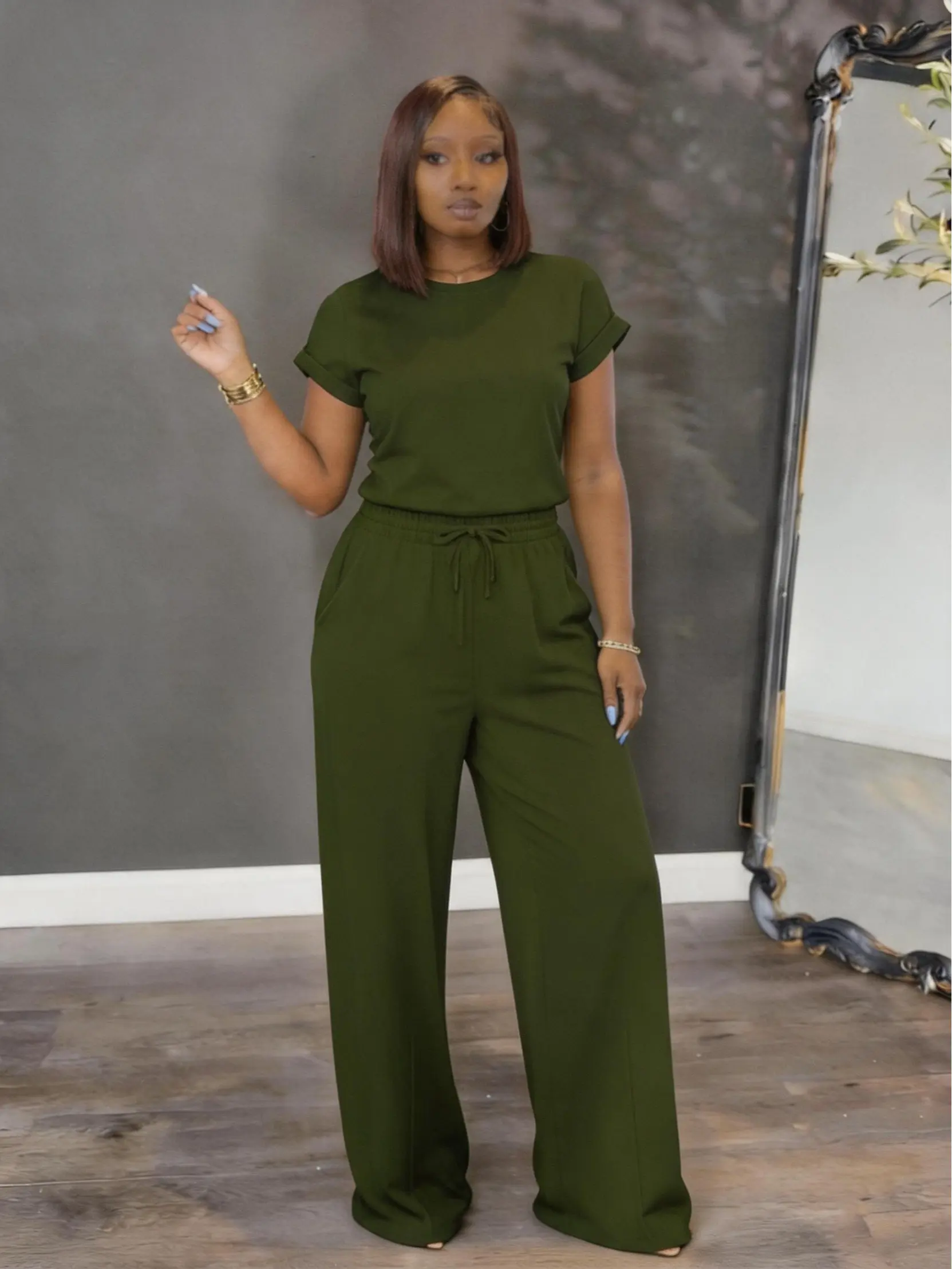 Women's 2026 Spring Two Piece Set Short Sleeve Relaxed Top & High Waist Pants Casual Lounge Outfit