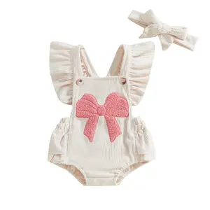Newborn Baby Girl Valentines Day Overalls Romper Cute Bow Embroidery Ruffle Sleeve Backless Jumpsuit Boho Bodysuit with Headband #Springtok