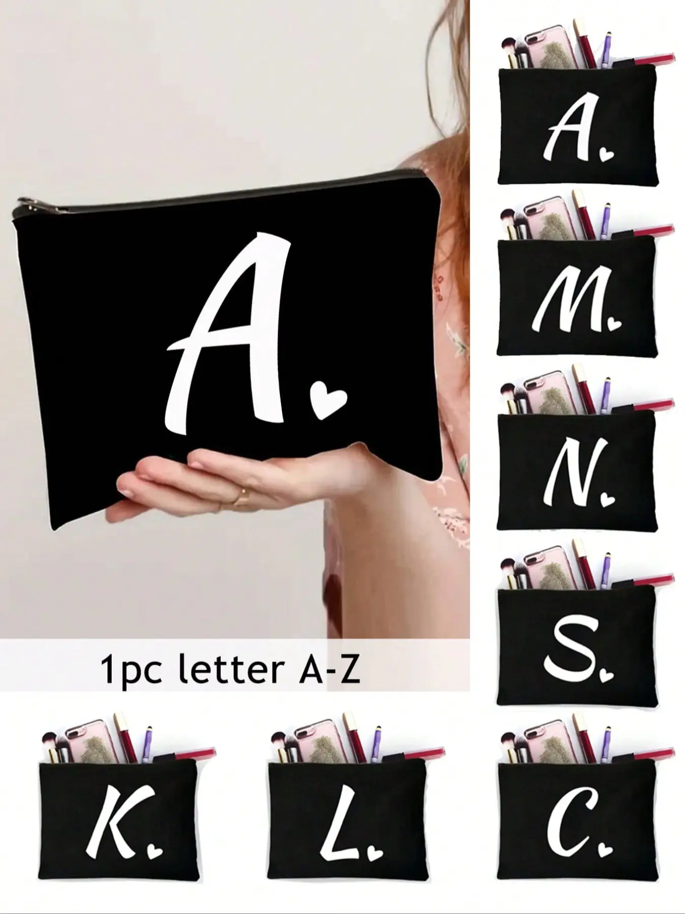 One small black patchwork women's makeup bag printed with the letters A-Z, reusable makeup bag, large-capacity travel makeup bag, suitable for both men and women, travel essentials, Makeup Organizer Pouch, Cosmetic bag, Cosmetic Travel Bags, Cosmetics Bag