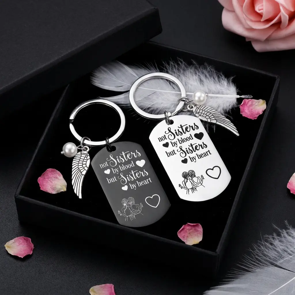 Twain Not Sisters by Blood but Sisters by Heart BFF Keychain Set Angel Wing & Pearl Charm Black & Silver Engraved Dog Tag Best Friend Gift for Women Soul Sister Bestie Bridesmaid Gift Box Included daughter trending hand accessory