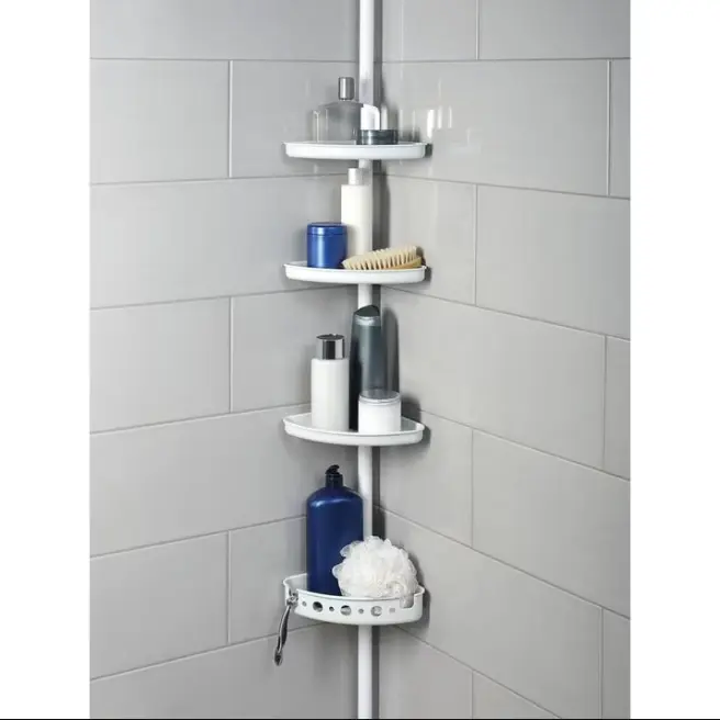 3-Tier White Shower Tension Pole Caddy – Adjustable Steel Bathroom Storage, 60"–96"