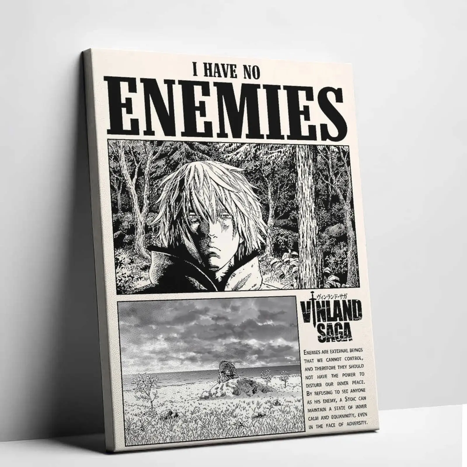 Vinland Saga Thorfinn Anime Waterproof Minimalist Canvas Wall Art, Comic Art Print with Stoic Philosophy Graphic Novel Quote, Black-White Aesthetic Home Decor for Living Room, Bedroom