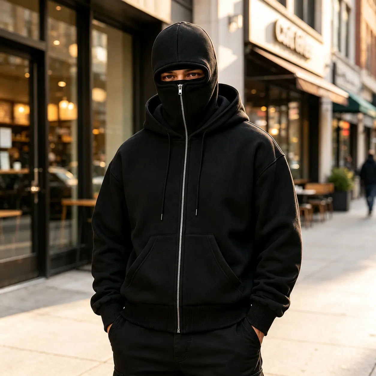 Men's Full-Zip Hooded Sweatshirt, Integrated Face-Cover Double Hood Design, Loose Fit Solid Color Casual Hoodie with Front Pockets