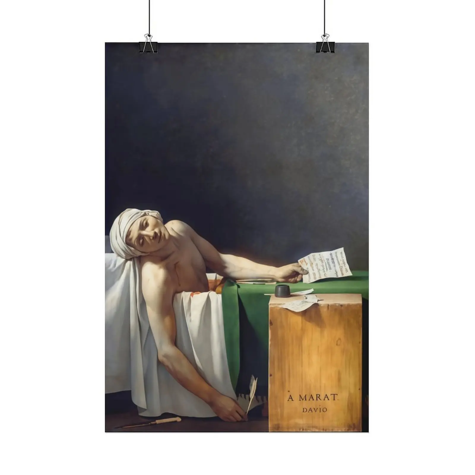 Jacques-Louis David's The Death of Marat Framed Neoclassical Poster - UV Printed, Wooden Framed, Wrapped Lightweight Canvas Print, Fade-Resistant Revolutionary Home Decor for Sofa Area, Ideal Gift