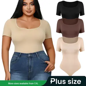 【Plus Size】Women's Shapewear Bodysuits Tummy Control Short Sleeve Square Neck Bodycon Jumpsuit Tank Top Shirt for Women Compression Thong Bodysuit Butt lifting Body Shaper, Basic Comfortable Womenswear Lady Underwear, Plus Size Clothing Soft Casual Black