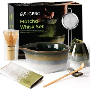Matcha Whisk Set, Ceramic Matcha Kit Desert Style, Matcha Whisk and Bowl, Bamboo Scoop and Rest, Sifter and Tea Towel, 7 Pcs Gifts for Matcha Lover - Dark Green
