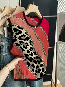 Women's Casual Chic Loose-Fitting Round Neck Sleeveless Knit Top Vests, Colorblock Leopard Print, Fall & Winter Fashion, Outerwear, Womenswear
