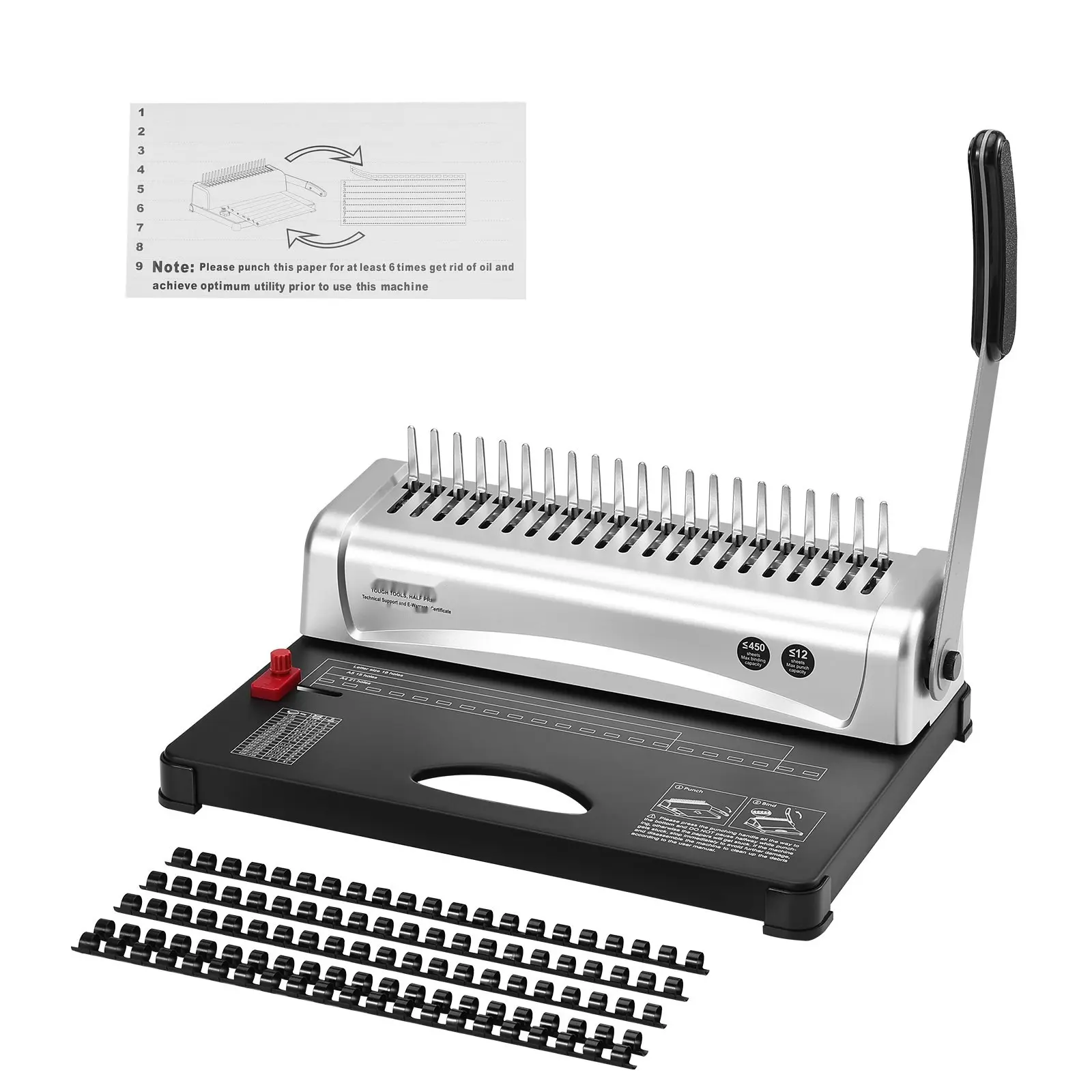 Binding Machine For Comb Binding, 21-Hole Manual Binder With 450 Sheet Capacity, Includes 100 Pieces 3/8 Inch Comb Binding Spines, Ideal For Letter Size, A4, A5 Documents, Office And Home Use