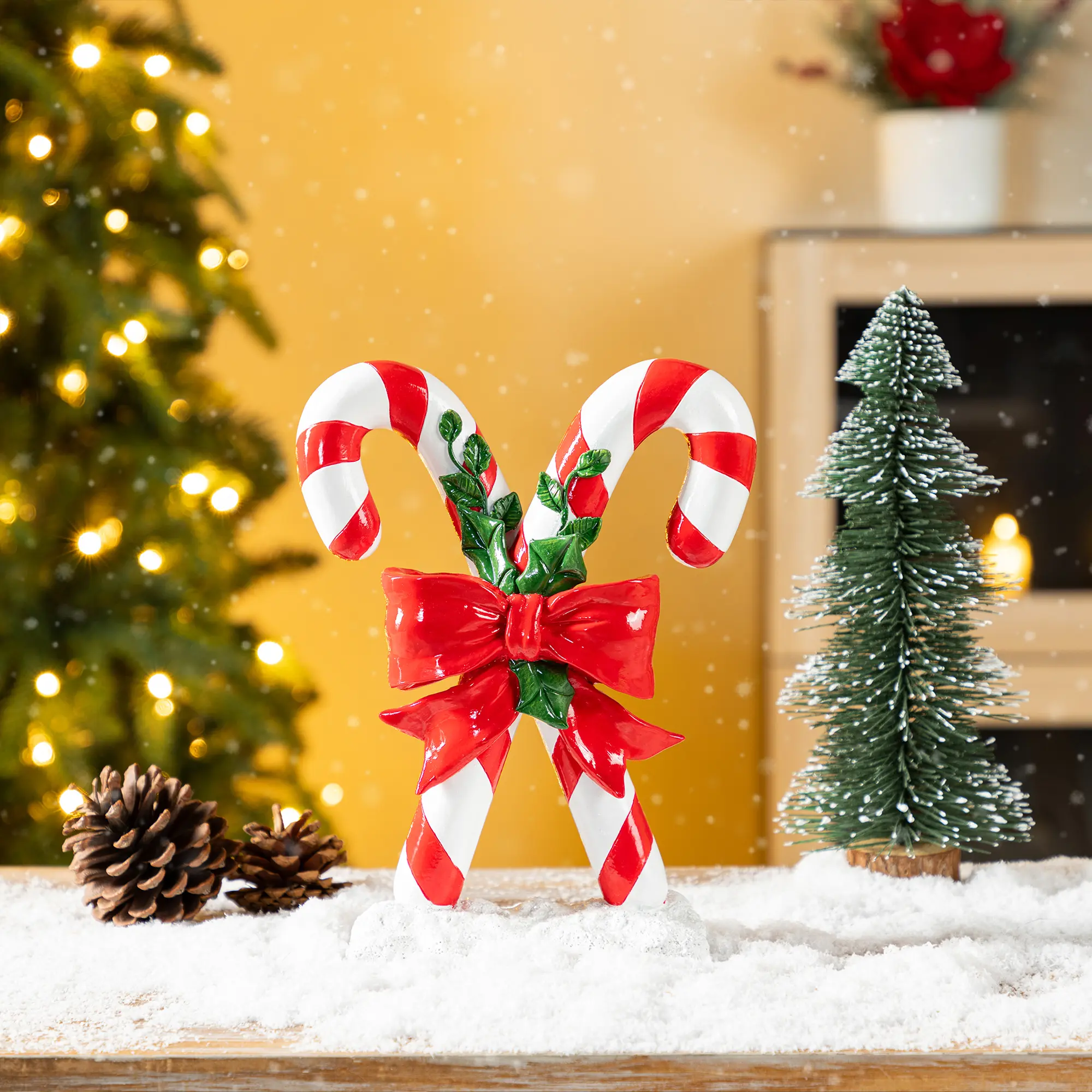 Glitzhome 10"H Durable Resin Christmas Candy Cane Table Decor, Festive Holly & Bows Decorative Home & Party Ornament, Irregular
