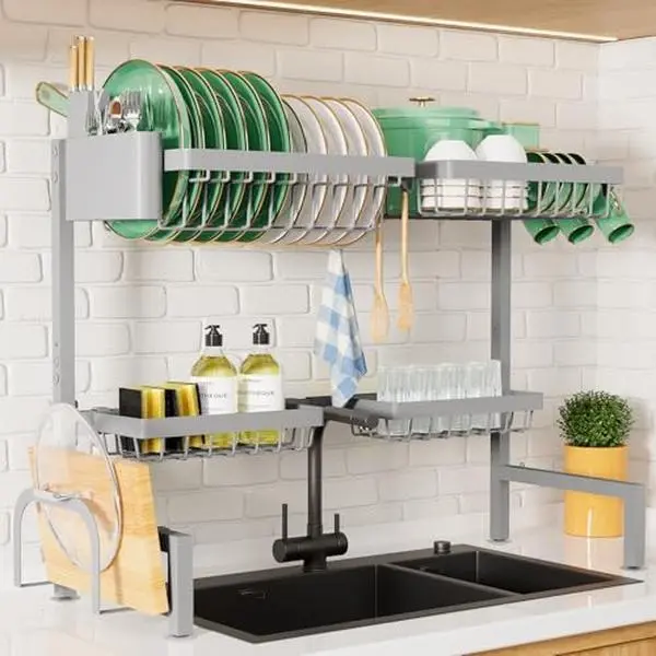 Over The Sink Dish Drying Rack , Adjustable Sink Drying Rack for Kitchen Sink with Multifunctional Baskets, Grey - 30.0" to 33.9"x21.5"