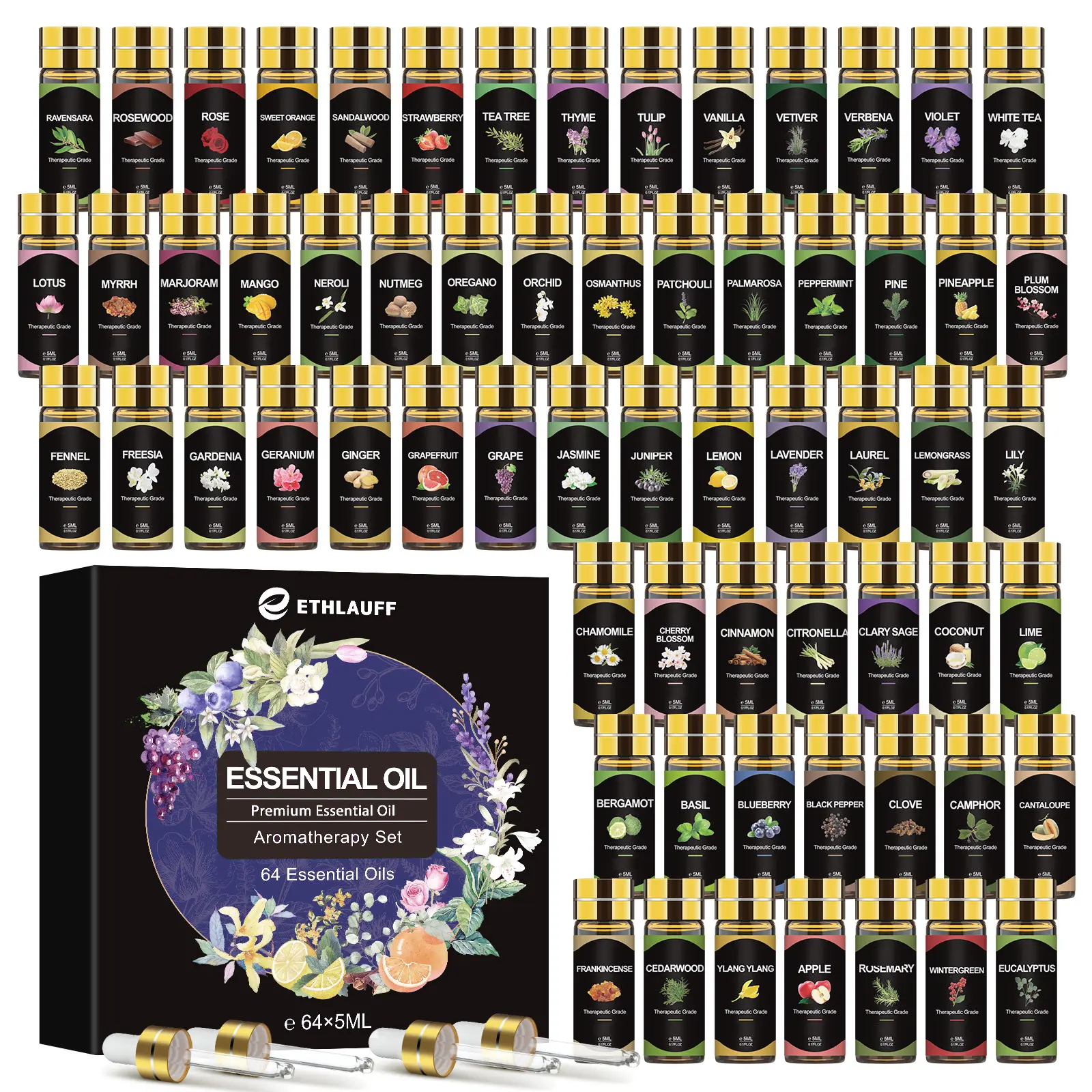 64-Scent Essential Oil Set - 0.2 Fl.oz Pure Oils with Brown Bottles (Protects from Light) for Diffuser, Soap & Massage Use, Aromatherapy Wellness Solution, Therapeutic Treatment, Birthday Gift