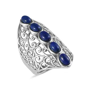Platinum Plated 5 Stone Lapis Lazuli Ring for Women Openwork Statement Jewelry Birthday Christmas Gifts for Women