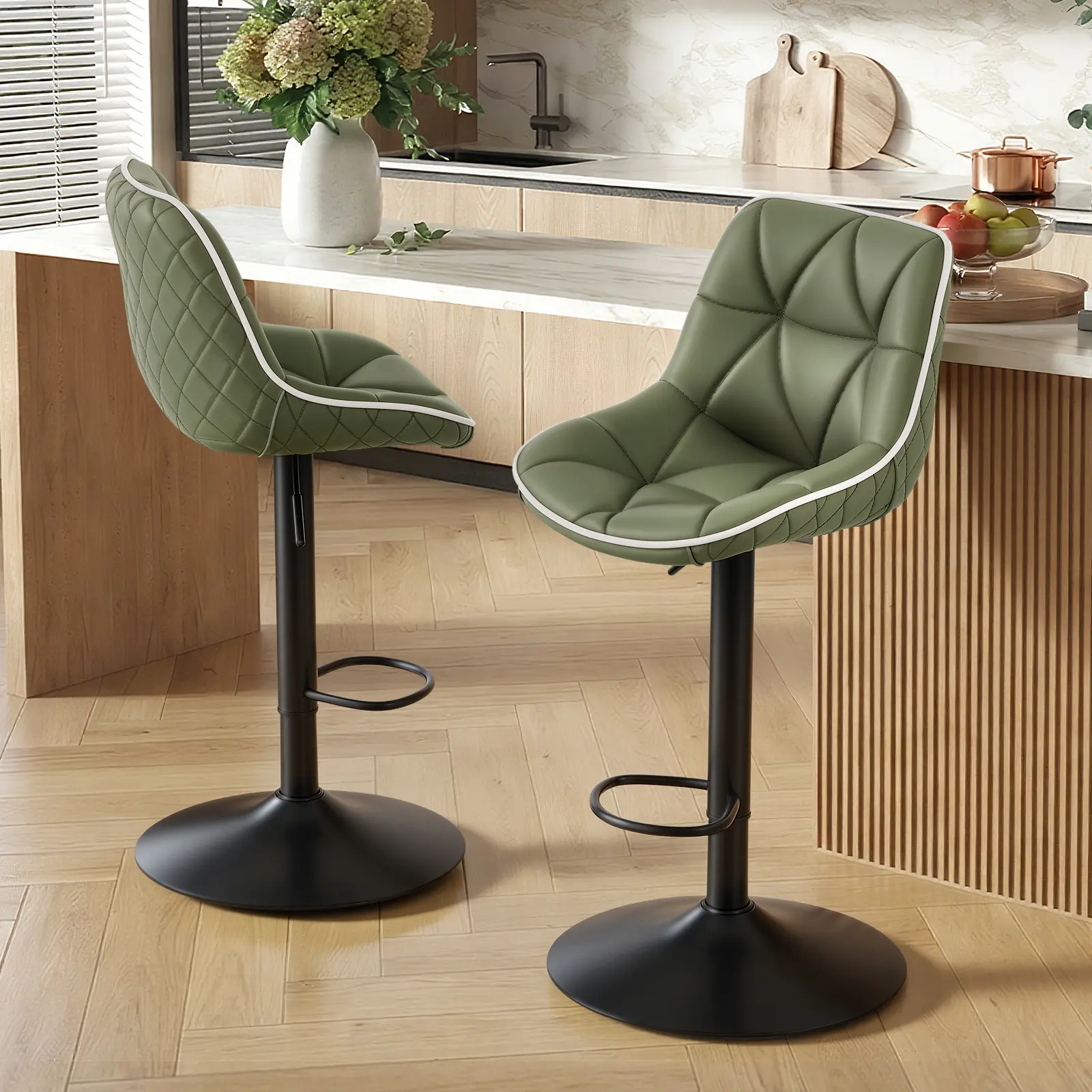 Modern Adjustable Swivel Bar Stools Set of 2, PU Leather Counter Height Bar Chairs with Backrest & Footrest for Kitchen Island, Home Bar, Dining Room