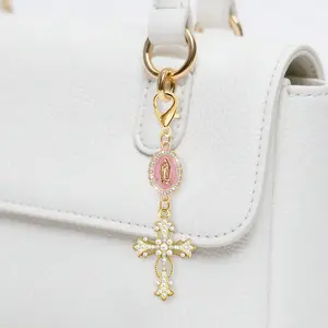 Religious Cross Keychain with Pearl & Diamond Charm, Multifunctional Backpack Accessory, Bag Charms, Sparkly Bag Charm, Stylish Backpack Charm, Ideal Gift for Women, Christian Jewelry, Bag Accessories Charms, Backpack Decoration