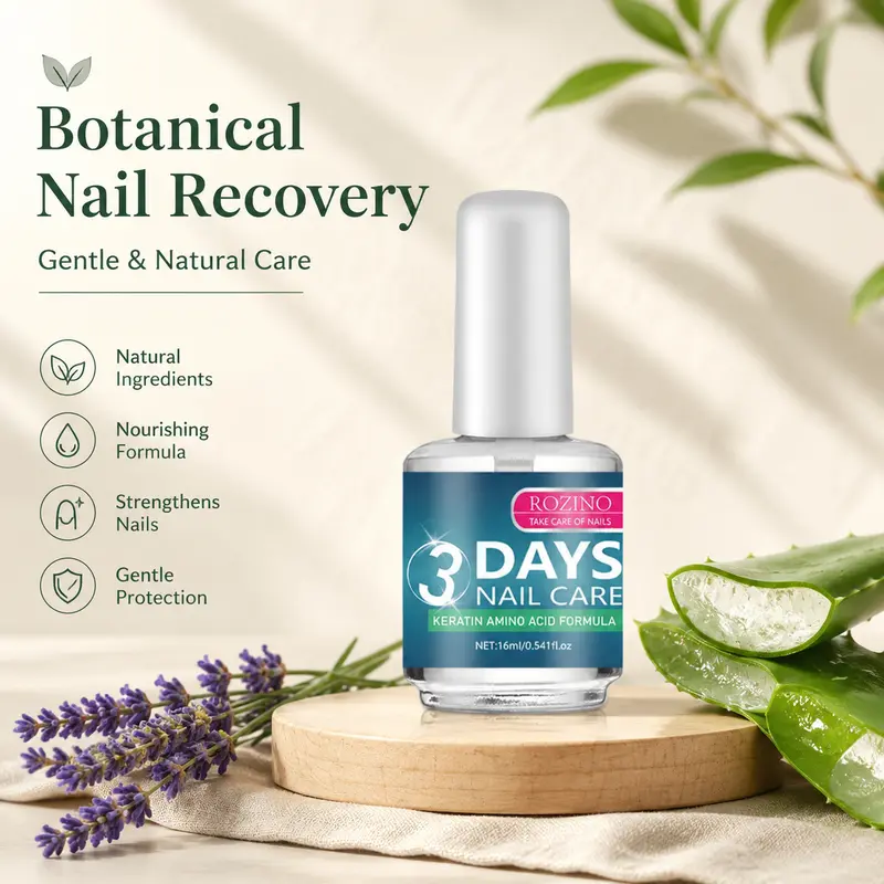 ROZINO 3-Day Keratin Amino Acid Nail Care Oil - 16ml Lightweight Bottle with Aloe Botanicals, Peppermint, Rosemary, Nourishes Dry Cuticles & Nails, Prevents Peeling, Delivers Daily Moisture for Glossy Natural Finish (Pleasant Scent)