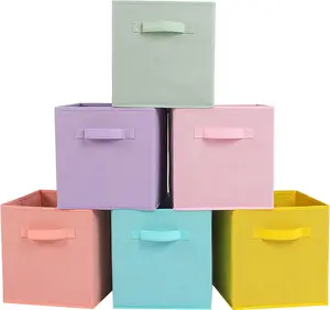 Fabric Storage Bins 6 Pack Fun Colored Durable Storage Cubes with Handles Foldable Cube Baskets for Home, Kids Room, Closet and Toys Organization Cyan, Green, Yellow, Purple, Pink and Peachpuff