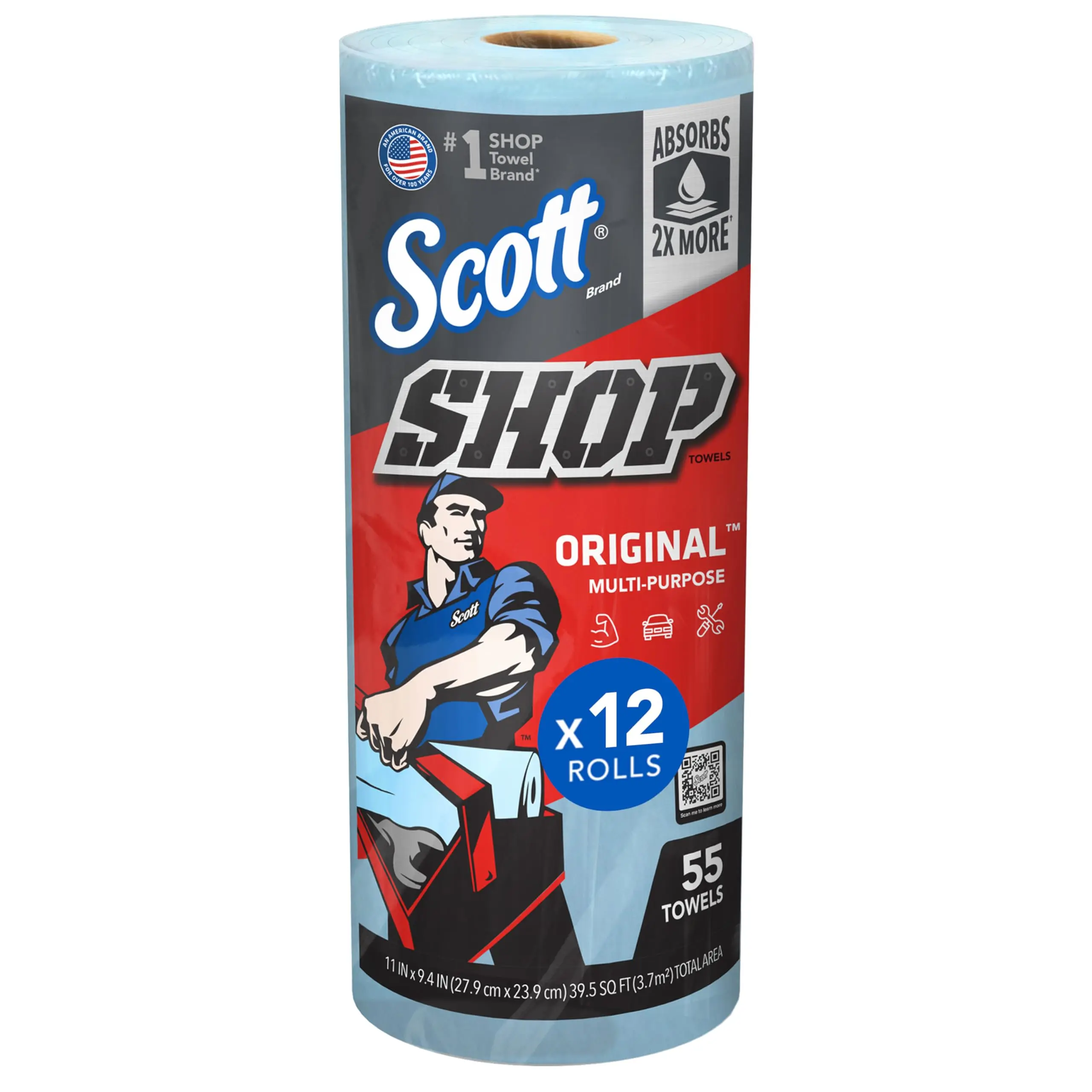 Scott® Shop Towels Original™ 75147, 9.4"x11" Blue Sheets, 55 Towels/Roll, 12 Rolls/Case, 660 Towels, Multi-Purpose for Cleaning Grease & Absorbing Liquids