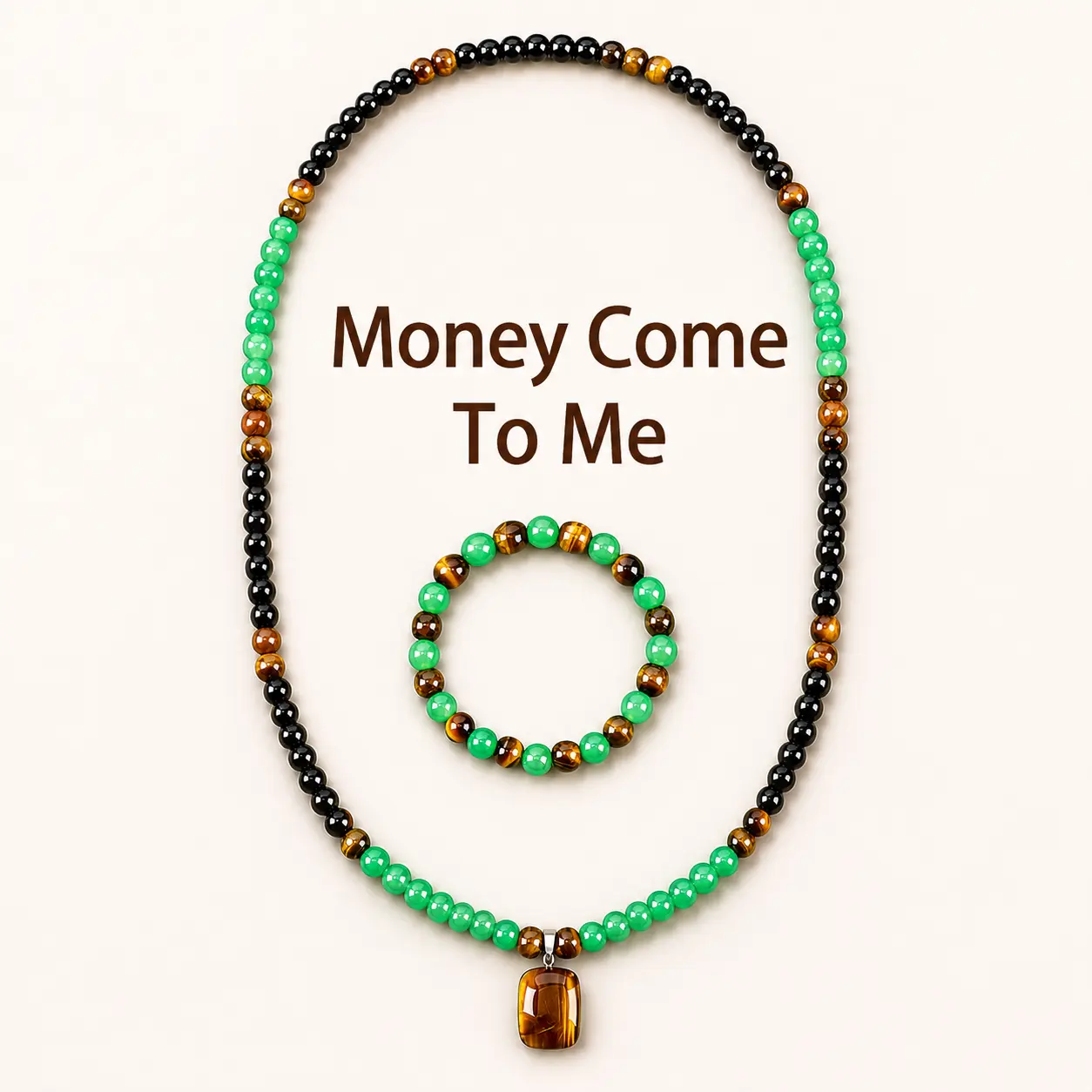Natural Stone Jewelry Set with Green Aventurine & Tiger Eye Crystals, Adjustable Beaded Bracelet & Long Pendant Necklace for Men & Women, Feng Shui Healing, Gift-Ready for Birthdays