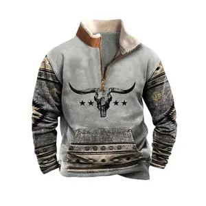 Aztec Cowboy Mens Hoodie Vintage Graphic Western Hoodies Casual Long Sleeve 1/4 Zipper Pullover Mens Country Jackets