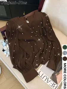 Elegant Plus Size Women's Shirt Blouse, Pearl Embellished Fashion, Casual for Parties, All Seasons Wear, Fitted Style