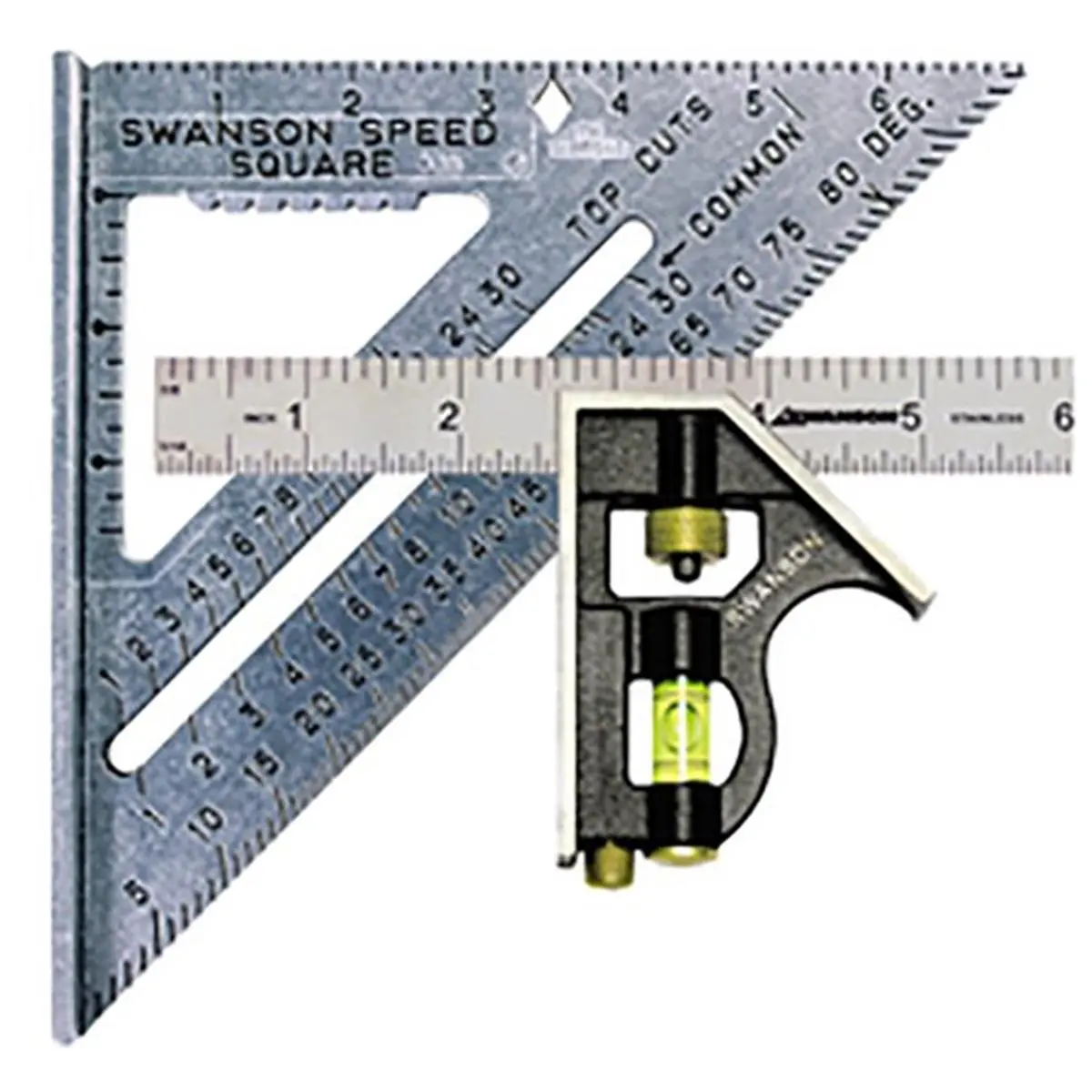 Swanson Tool 363510140 S0101CB Speed & Combination Square Combo Set with Reference Diagrams & Vital Instructions, Aluminum Alloy-Cast Zinc Construction, 1in H x 8.5in W x 8.5in L, Precision Machined Straight Edge for Tables, Speed Square, 1" H X 8.5" W X