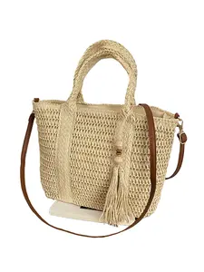Summer Beach Woven Tote Bag, Bohemian Style Handbag with Leather Strap & Fringe Decor, Single Shoulder Vacation Bag, Portable Bag