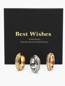 3-Pack Anxiety Spinner Rings Set with Cz, Titanium Steel Fidget Band for Stress Relief, Comfort Fit Sizes 6–10, Perfect Christmas Gift