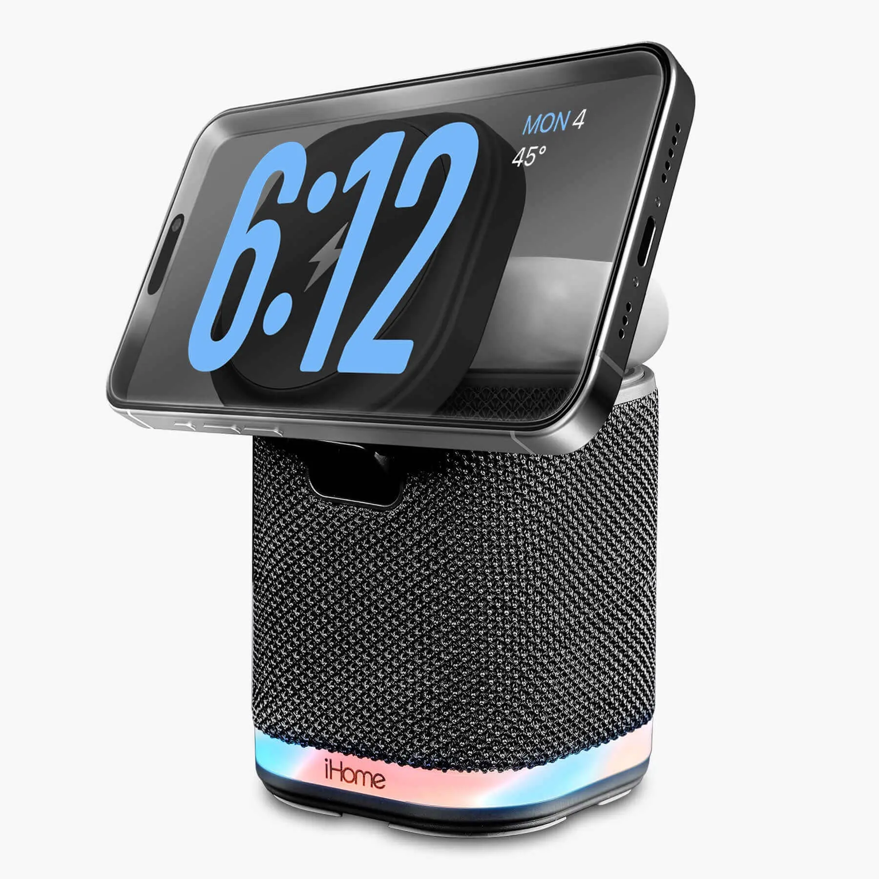 Dark Gray Bluetooth Speaker with Wireless Charger, Color Changing Night Light, Audio Function, Magnetic Connection, Adjustable Settings for Smartphone, Pad (iPBT50DG)