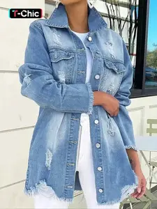 Women's Raw Hem Ripped Fitted Long Sleeve Denim Jacket, Button Front Design, Fashion Street Style Versatile Jean Coat, Casual Basic Wear for Spring & Fall