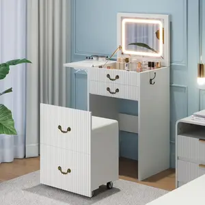 3-in-1 Vanity with Flip Mirror & Lights, Fluted Compact Vanity Table with 3 Drawers, Storage Compartment and Rolling Stool, Modern Small Makeup Vanity for Bedroom, Powder Room, Solid White