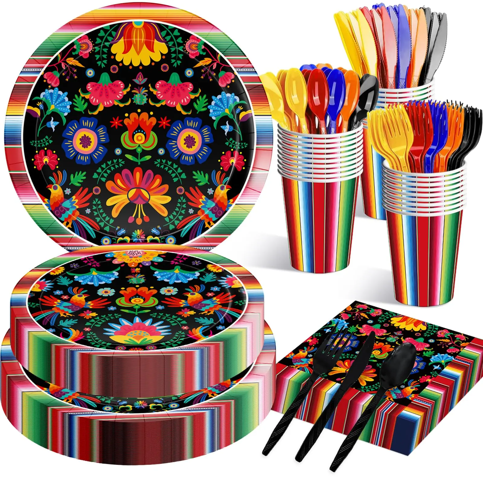 175 Fiesta Tableware Set - Serves 25  Mexican Party Supplies Disposable Plates Cups Napkins Forks Spoons With Floral And Serape Stripe Design For Cinco De Mayo Birthday Celebrations