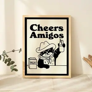 Cowboy Cat Print, Retro Drink Poster, Cowboy Cat Milk Posters, Cheers amigos Quote Prints, Kitchen Decor, Bar Decor Poster, UNFRAMED