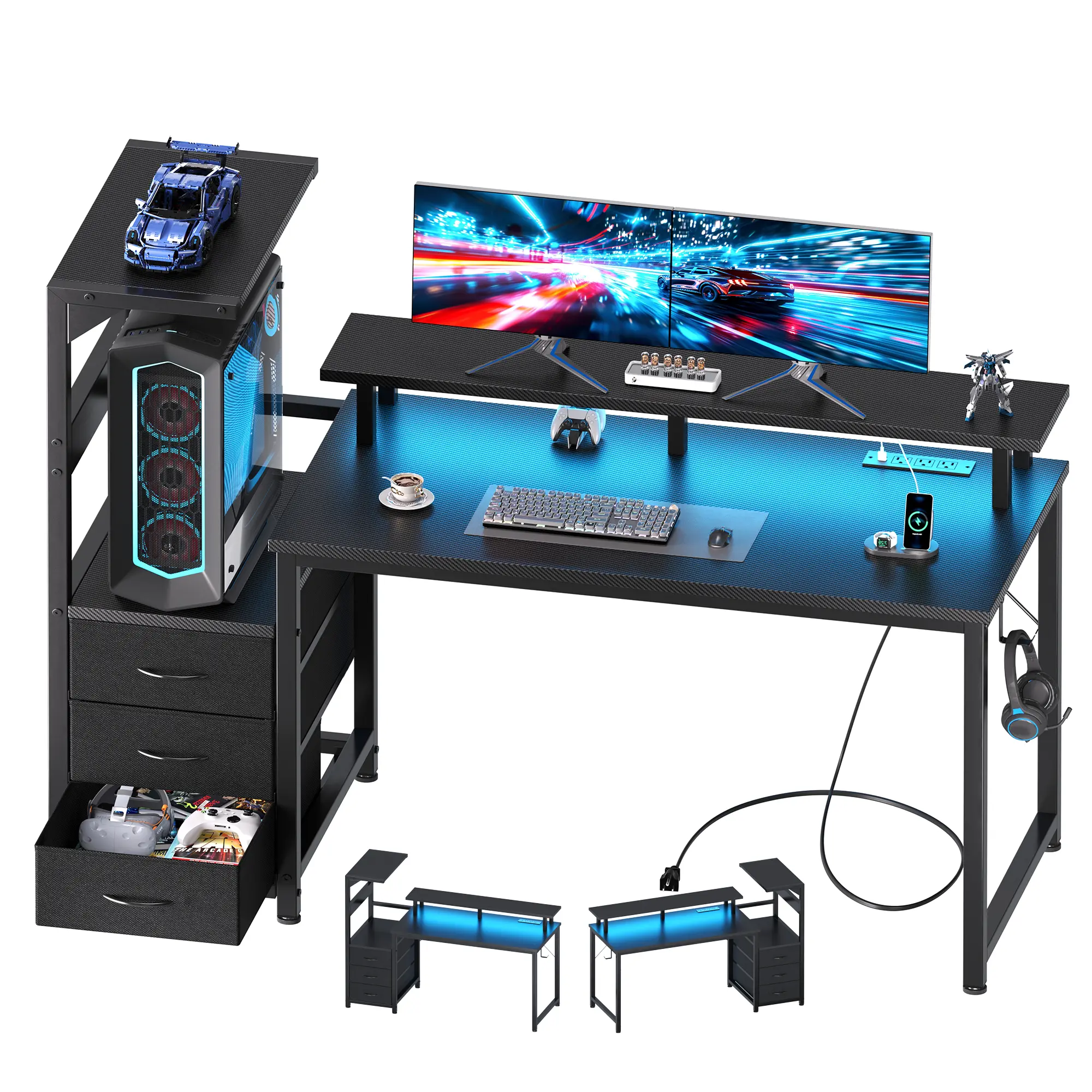52-in Black L-Shaped Gaming Desk - Commercial/Office Furniture with Shelves, Storage Drawers, LED Lights, Power Outlets, PC Stand, Cable Management for Bedroom Dual Monitor Streaming, Desk for Bedroom