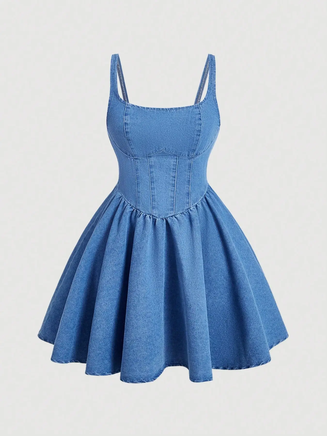 Vintage Corset Denim Dress, Sleeveless Straps Spaghetti Strap High-Waist A-Line Flared Mini Dress, Retro Style Casual Wear, Womenswear