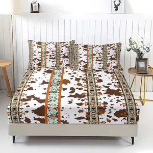 3pc Western Denim Patchwork Pattern Retro Style Fitted Sheet Set,Cow Pattern Indian Geometric Pattern Patchwork Striped Bedding Set.Western Ranch Retro Ethnic Style.Made Soft Ultra-Fine Fiber Material, Includes 2 Pillowcases,Not Include Pillow Insert. ﻿