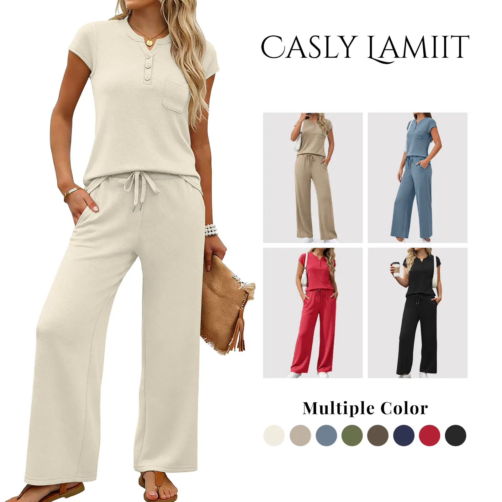 Women's 2-Piece Minimalist Basic Loungewear Set - Lightweight, Soft, Breathable Summer Cap-Sleeve Button Top, Drawstring Wide-Leg Cropped Pants with Quality Fabric, Matching Outfits for Casual Travel Style, Women's Clothes, 2 Piece Sets Women,summeroutfit