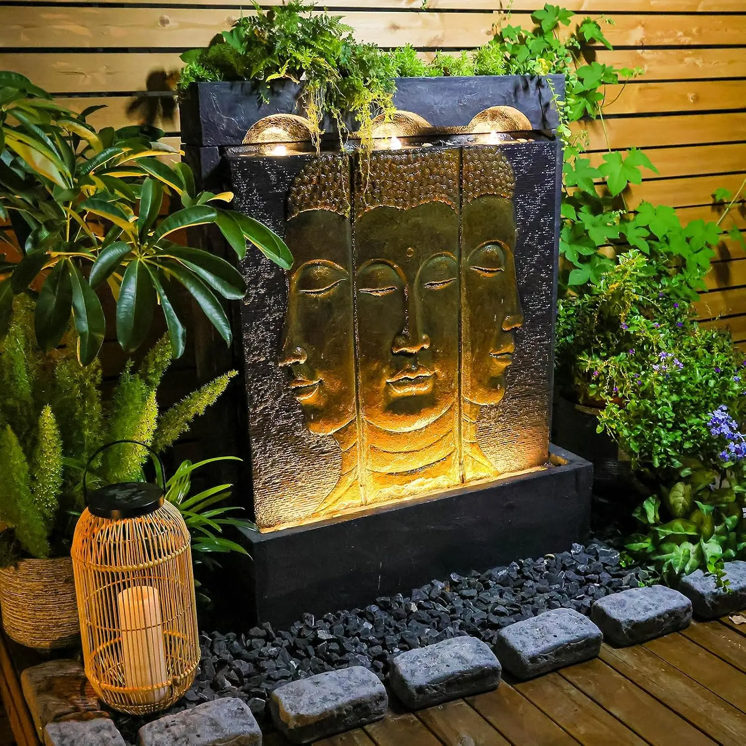 Tankana 45" Outdoor Fountain Zen Buddha Face Wall Fountains and Waterfalls with Planting Groove for Meditation Room Balcony Home Garden Patio, Gold