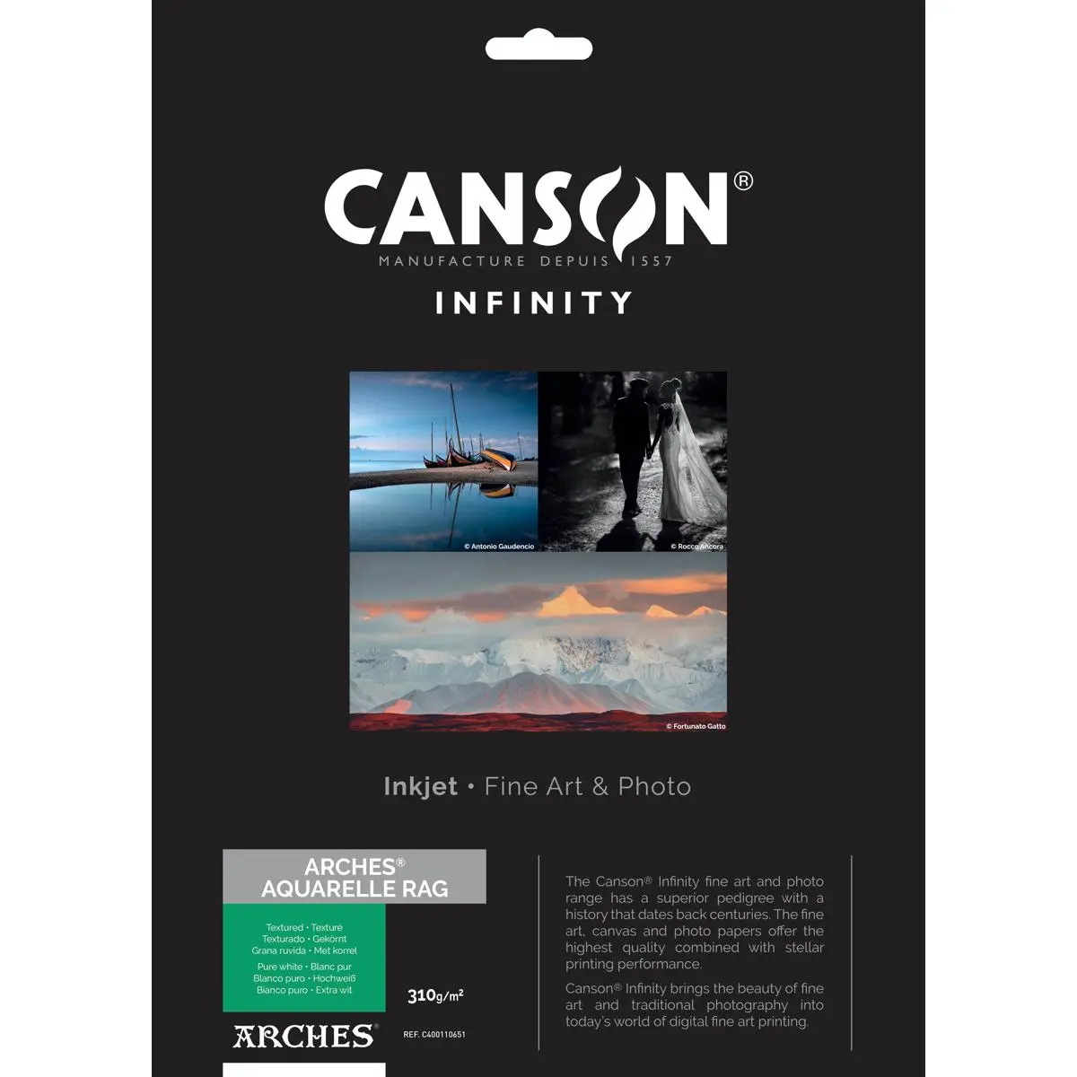 Canson Infinity ARCHES Aquarelle Rag Textured Pure White Matte Inkjet Paper, 310gsm, 8.5x11", 25 sheets
