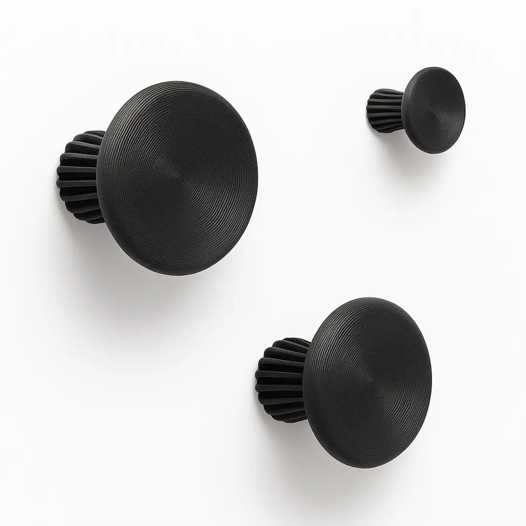 Plastic Modern Round Wall Hooks (Set of 3) - Large, Ribbed Fluted Stems, Screw-Mount, Sculptural Textured Knob Coat Hangers for Entryway, Bedroom Black Home Decor