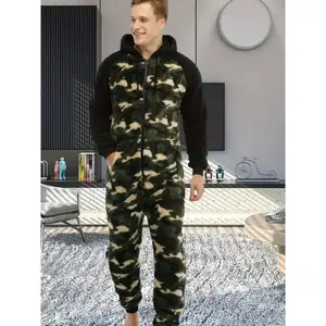 【Women's Day】 Men's Camo Novelty Print Hooded Drawstring One Piece Pajamas Long Sleeve Fabric Casual Loungewear