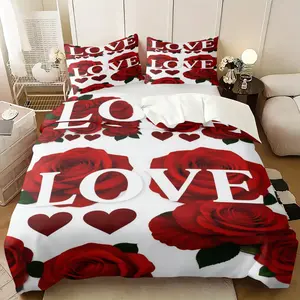 2/3Pcs Love and Rose Print Duvet Cover Set, Romantic Bedding Set, Comfortable, Multiple Sizes, Ideal Bedding Decor for Couples and Women