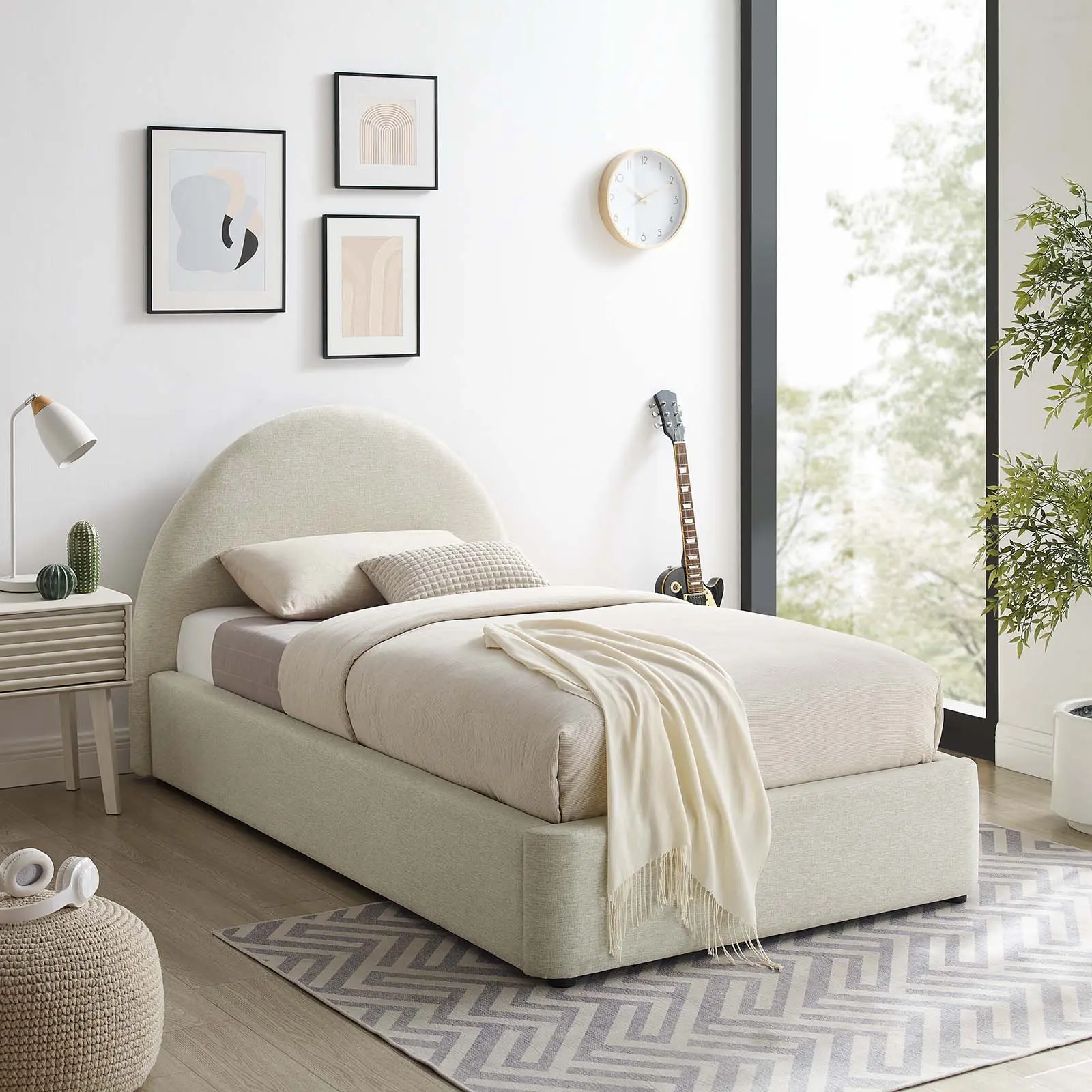 Modway Resort Twin Platform Bed - Upholstered Heathered Weave Ivory Fabric, Arched Round Design, Cushioned Foam, Sturdy Legs