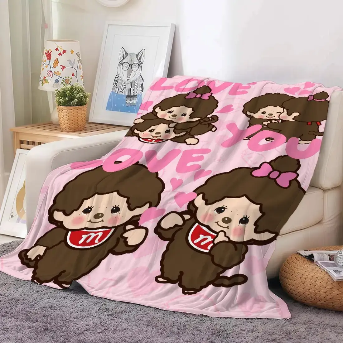 Aura Cute M-monchhichi Cartoon Blanket Cozy Soft Flannel Cover For Bed Sofa Adults Monkey Doll Art Kawaii Aesthetic Plush Throw Home Office Bedroom Decor Gift For Fan